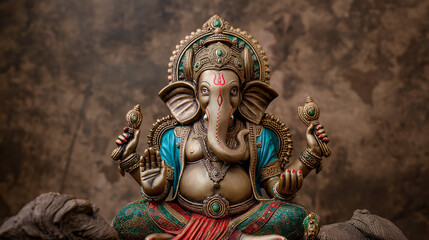 Fototapeta premium Golden ganesha statue sitting with a brown background