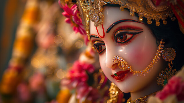 Beautiful face of hindu goddess lakshmi idol looking downwards with bokeh background