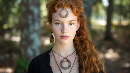 Beautiful redhead woman posing with ethnic jewelry in the forest