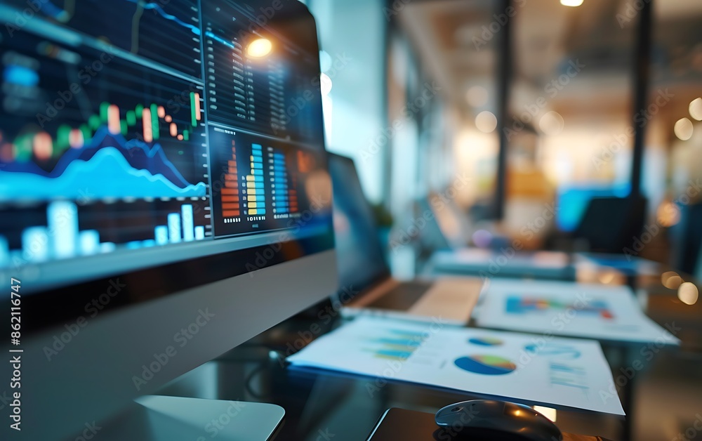 Poster a desk filled with financial data and charts