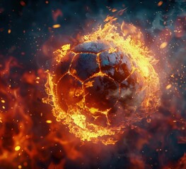 A burning soccer ball flies at high speed through the goal net on a field, capturing the dynamic energy of the Soccer World Cup.