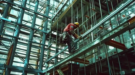 Naklejka premium Skilled construction worker performing tasks on scaffolding at modern building construction site