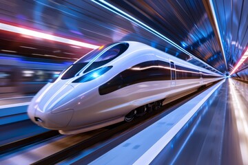 Fototapeta premium Modern train at station platform with futuristic elements.