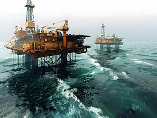 Offshore Oil and Gas Drilling Platforms in the Vast Ocean Scenery