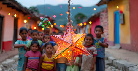 A group of children stand in front of a star-shaped lantern