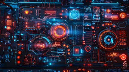 Cutting-Edge Futuristic Technology Concept Art with Vibrant Mechanical and Digital Interfaces