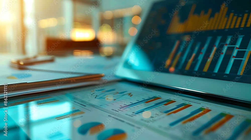 Aufkleber financial data analysis: charts and graphs on a desk