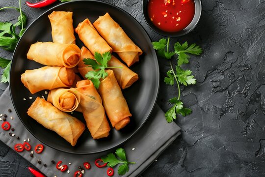 Fried spring rolls with sauce on a black plate, garnished with cilantro and red pepper on a dark background
