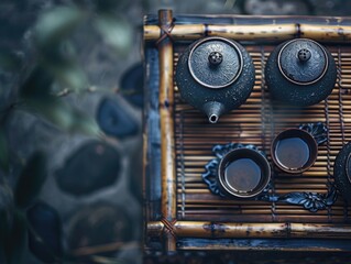 Tea set on bamboo mat