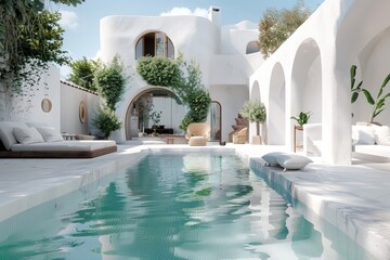 Traditional Mediterranean white house with pool against blue sky