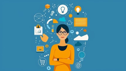 Businesswoman with Ideas in a Blue Sky