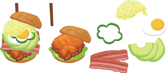 チキンバーガーのイラストセット
