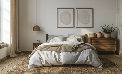 Modern Bedroom Interior Design With White Bed, Wooden Nightstand, and Dried Flowers