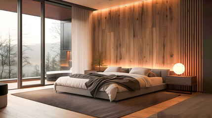 Serene and Sophisticated Minimalist Bedroom Oasis with Panoramic Mountain View and Cozy Warm Lighting Offering a Haven of Tranquility and Relaxation