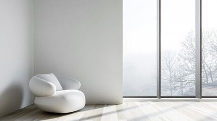 Serene Minimalist Room with Elegant Furnishings and Natural Lighting A clean contemporary interior design showcasing a cozy and inviting living space with simple