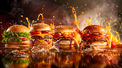 Sizzling Burgers in Motion A Tantalizing Fast Food Feast Featuring Dripping Sauces Steaming Buns and Mouthwatering Textures that Ignite the Senses