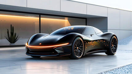 Sleek and Futuristic Black and Orange Sports Car Concept with Advanced Lighting and Aerodynamic Design for the Automotive Industry of the Future
