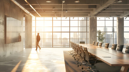 Spacious and Bright Empty Corporate Office Space with Glass Walls and Wooden Conference Table Ideal for Professional Meeting Construction Management or Architectural Presentation