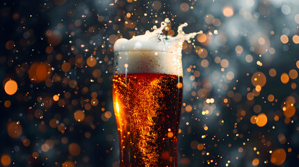 Splashing beer glass with frothy foam and golden amber liquid against a dark blurred background with glowing bokeh lights creating a celebratory and lively atmosphere