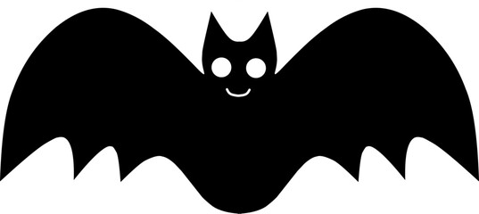 Vector cartoon illustration of cute friendly black bat character, flying with wings spread, in flat contemporary style isolated on white.