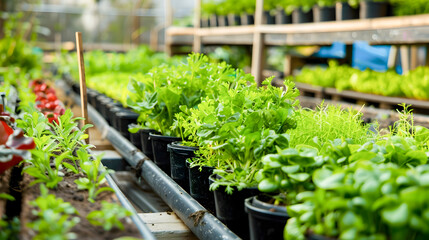 Sustainable Urban Farming and Eco Friendly Gardening in a Thriving Community Greenhouse  A lush and vibrant scene of raised garden beds leafy greens