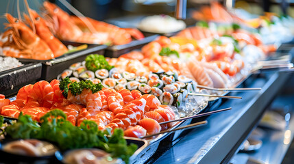 Tempting Seafood Buffet Spread with Diverse Culinary Delights on Dining Table   Assortment of Fresh Shrimp Crab Fish Oysters and More Presented in an Enticing Gourmet Display for Fine Dining Event