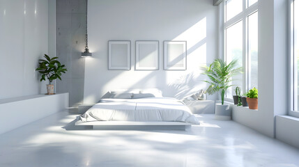 Tranquil and Inviting Minimalist Bedroom Showcasing Soft Natural Lighting Calming Atmosphere and Streamlined Uncluttered Interior Design for a Relaxing Rejuvenating Haven