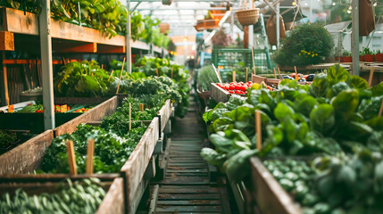 Thriving urban greenhouse with lush greenery and various vegetables showcasing sustainable farming practices and eco friendly cultivation techniques for self sufficient living