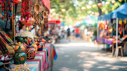 Vibrant and Colorful Craft Stalls Lining a Bustling Street at a Local Artisan Market in a Lively Urban Setting Showcasing Handmade Gifts Pottery Textiles and Other Traditional Handicrafts