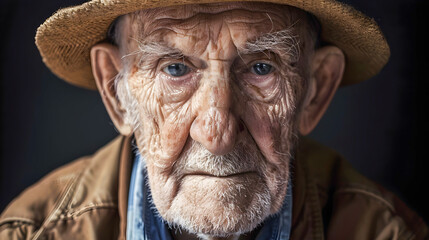 Weathered face of an elderly farmer with a lifetime of experience captured in his thoughtful gaze set against the natural backdrop of the outdoors  This portrait showcases the resilience strength