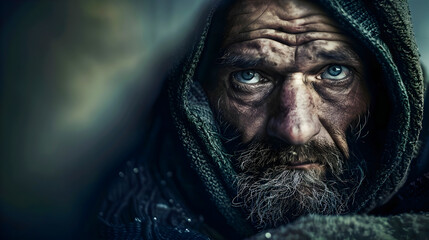 Weathered lined face of a homeless man with a dark hood and beard portraying the hardship struggle and despair of living on the streets in poverty  The dramatic