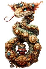 Fototapeta premium The Clockwork Chameleon: A masterwork of biomechanical fantasy, this intricate reptile blends nature's camouflage with Victorian-era clockwork. 
