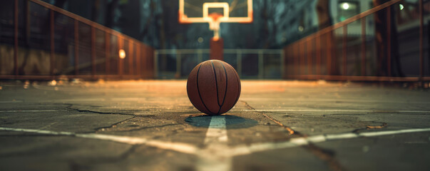 Closeup of a basketball and hoop on an outdoor court