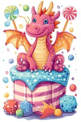 Naklejka premium A funny cartoon illustration of two happy dragons playing together, one with a gift and the other with a ball
