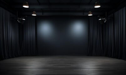 Empty Stage with Black Curtains and Spotlights