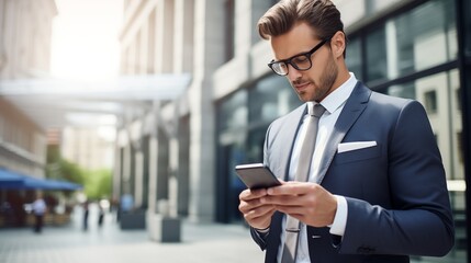 The businessperson enhances agility using a smartphone for communication and planning, contributing to business development success by strategically leveraging mobile technology.