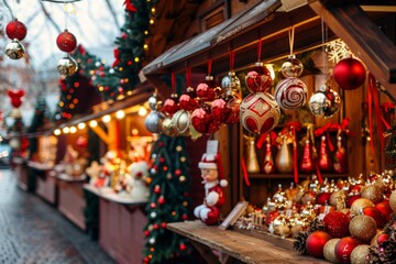 Christmas market with stalls selling ornaments and gifts