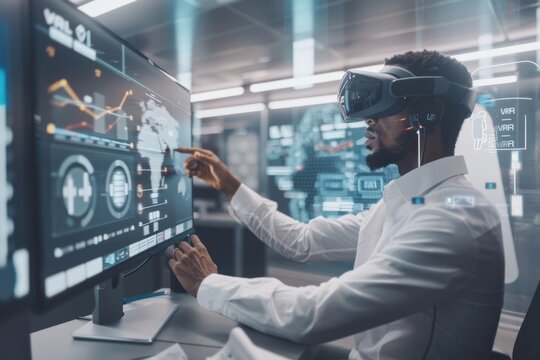 Man using VR interface in a professional setting, highlighting the application and potential of virtual reality technology in business environments