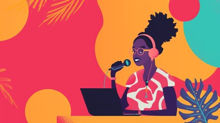 Black Woman Podcaster with Headphones and Microphone