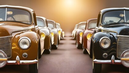 Fototapeta premium Close-up of colorful parked cars with a vintage car bumper in the front