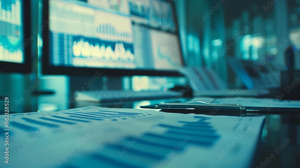 Poster financial data analysis: a close-up on charts and a pen