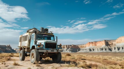 Obraz premium Rugged Handmade Survival Truck Parked in Vast Desert Landscape under Blue Skies