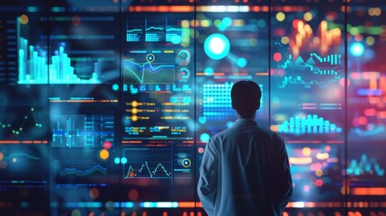 Data Analyst Studying Charts on a Large Display