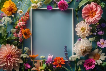 An extensive assortment of vibrant flowers meticulously framing a blue background, providing a visually appealing composition ideal for multiple uses.