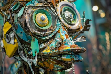 unique sculpture made from recycled materials, displayed in an eco-friendly art exhibit