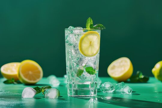 A close-up of a refreshing drink in a crystal glass filled with ice cubes, lemon slice, and mint leaves, perfectly captured with lemon halves and cubes on a green background.