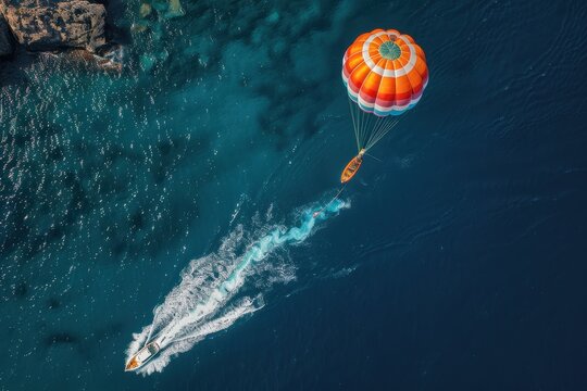 An aerial view capturing a boat towing a vibrant parasail over stunningly blue waters, showcasing the thrill and adventure of parasailing in a scenic coastal area.