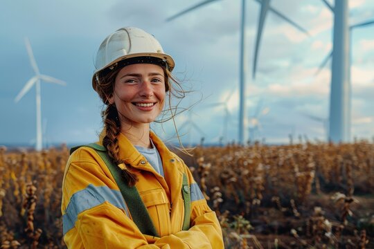 A female engineer, wearing yellow safety gear and a helmet, stands confidently in front of wind turbines in an expansive wind farm.