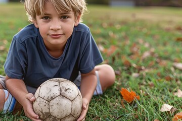 A boy with blonde hair, wearing a blue shirt, holds a worn soccer ball while sitting on the grass outdoors. The scene radiates youthful energy and a love for outdoor sports.