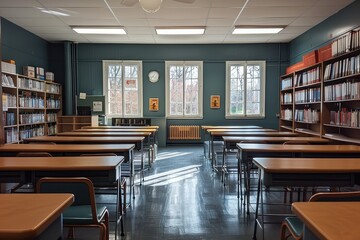 The image depicts an empty classroom with wooden desks and chairs, bookshelves filled with books, large windows allowing sunlight, creating a serene and studious environment.